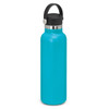 A drink bottle in bright turquoise with a black carry lid and a stainless steel band. It features a logo.