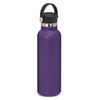 A drink bottle in a rich purple hue with a black carry lid and metallic accents. It features a branded logo.
