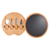 A bamboo slate cheese board featuring a round design and four stainless steel knives in a matching bamboo holder.