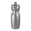 A drink bottle in silver with a textured grip and a spout top. It features a logo on the side.