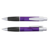 A plastic pen in purple with a silver clip and accents, featuring a comfortable grip and click mechanism.