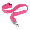 A custom printed lanyard in vibrant pink, measuring 20mm in width, with a clip for attaching items.