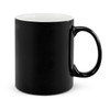 A coffee mug featuring a sleek black exterior with a contrasting white interior.