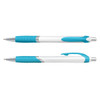 A plastic pen with a white barrel and turquoise accents, featuring a textured grip and a clip.