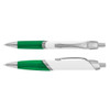 A green and white plastic pen with a silver clip and accents, featuring a sleek design.