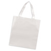 A plain white tote bag with sturdy handles and a simple design, featuring a branding logo.