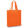 An orange tote bag with long handles and a simple design. It has a logo on the front.