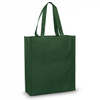 A green tote bag with sturdy handles and a simple design. It features a branding logo.