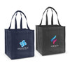 A navy blue tote bag with two handles and a grey tote bag with two handles, both featuring logos.