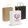 A large paper carry bag in white, black, and brown with handles, featuring a logo on the white bag.