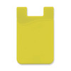 A bright yellow silicone phone wallet featuring a wave design and a slot for cards. It has a smooth texture and a logo.