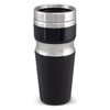 A drink bottle with a sleek black design and stainless steel accents, featuring a logo.