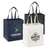 Three Mega Shopper Tote Bags in navy, black, and white, each featuring different designs and a logo.