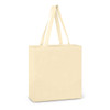 A beige cotton shoulder tote bag with long handles and a simple design, featuring a logo on one side.