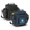 A Laguna Cooler Bag in black and navy, featuring side mesh pockets and a logo on the front.