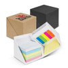 A multi-coloured sticky note set in a white cube with a black and brown cube surrounding it. The product has a logo on it.