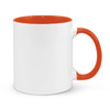 A coffee mug with a white body and orange interior and handle, featuring a logo.
