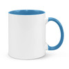 A coffee mug with a white exterior and a blue interior, featuring a blue handle and a logo.