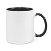 A two-tone coffee mug featuring a white exterior and black interior with a black handle.