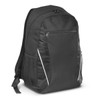A black backpack with a front zip pocket and mesh side pockets, featuring subtle white accents and a logo.