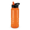 A drink bottle featuring a vibrant orange body and a black lid with a built-in straw.
