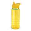 A drink bottle in bright yellow with a straw and a clear body, featuring a blue accent and a handle. It has a logo.