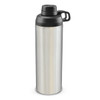 A drink bottle in silver metal with a black screw cap and handle, featuring a logo on the side.