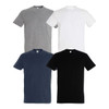 A collection of four adult T-shirts in grey, white, navy, and black, featuring simple designs and various colours.