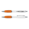 A plastic pen with a white barrel and orange grip, featuring a silver clip and trim.
