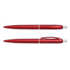 A red plastic pen with a sleek design, featuring a shiny finish and a silver clip, with a visible logo.
