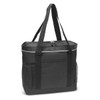 A black cooler tote bag with a zip closure, featuring two handles and mesh side pockets.