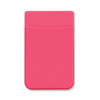 A pink Lycra phone wallet featuring a slim design and a pocket for cards. It has a branding logo.