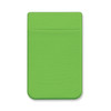 A green Lycra phone wallet featuring a single pocket and a smooth texture, with a branding logo.