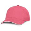 A cap in vibrant pink with a white trim, featuring a rounded peak and a logo.