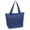 A blue cooler bag with two shoulder straps and a zippered closure. It has a front pocket and a logo.