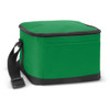 A green cooler bag with a zip closure and a detachable strap, featuring a side pocket.