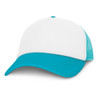 A trucker cap featuring a white front and turquoise mesh side panels.