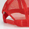 A red mesh trucker cap featuring a structured front and adjustable snapback closure, showcasing an intricate mesh design.