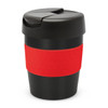 A drink bottle with a black body, red silicone band, and a black lid. It has a logo on the surface.
