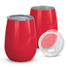 A drink bottle in vibrant red with a stainless steel interior and a clear lid, featuring a logo on the front.