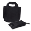 A black foldable reusable grocery bag beside its compact storage pouch, featuring a simple design and a logo.