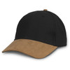 A cap with a black fabric upper and a tan suede visor, featuring a rounded crown and stitched details.