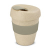 A drink bottle featuring a speckled natural finish with a green silicone band and a lid. It has a compact design.