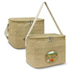 A tan cooler bag with a zip closure and a shoulder strap, featuring a logo on the front.