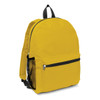 A yellow backpack with a front zip pocket and a side mesh pocket. It has a black strap and detailing.