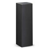 A drink bottle in a sleek black finish with a tall, cylindrical shape and a minimalist design. It has a logo.