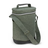 A drink bottle cooler bag in green fabric with a black base and adjustable shoulder strap, featuring a zippered closure and handle.