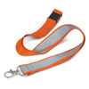 An orange and grey reflector lanyard with a metal clip and a quick-release buckle. It has a logo on the strap.