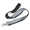 A black and grey reflector lanyard with a silver clip attachment, designed for holding items securely.