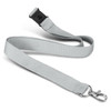 A soft touch logo lanyard in a light grey colour with a clip attachment and a breakaway safety feature.